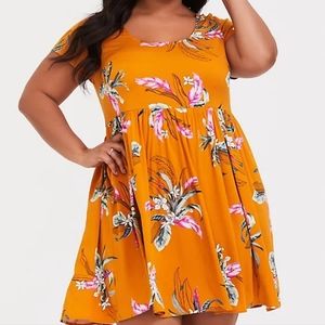 GOLDEN ORANGE TROPICAL PRINT CHALLIS SKATER DRESS size 1